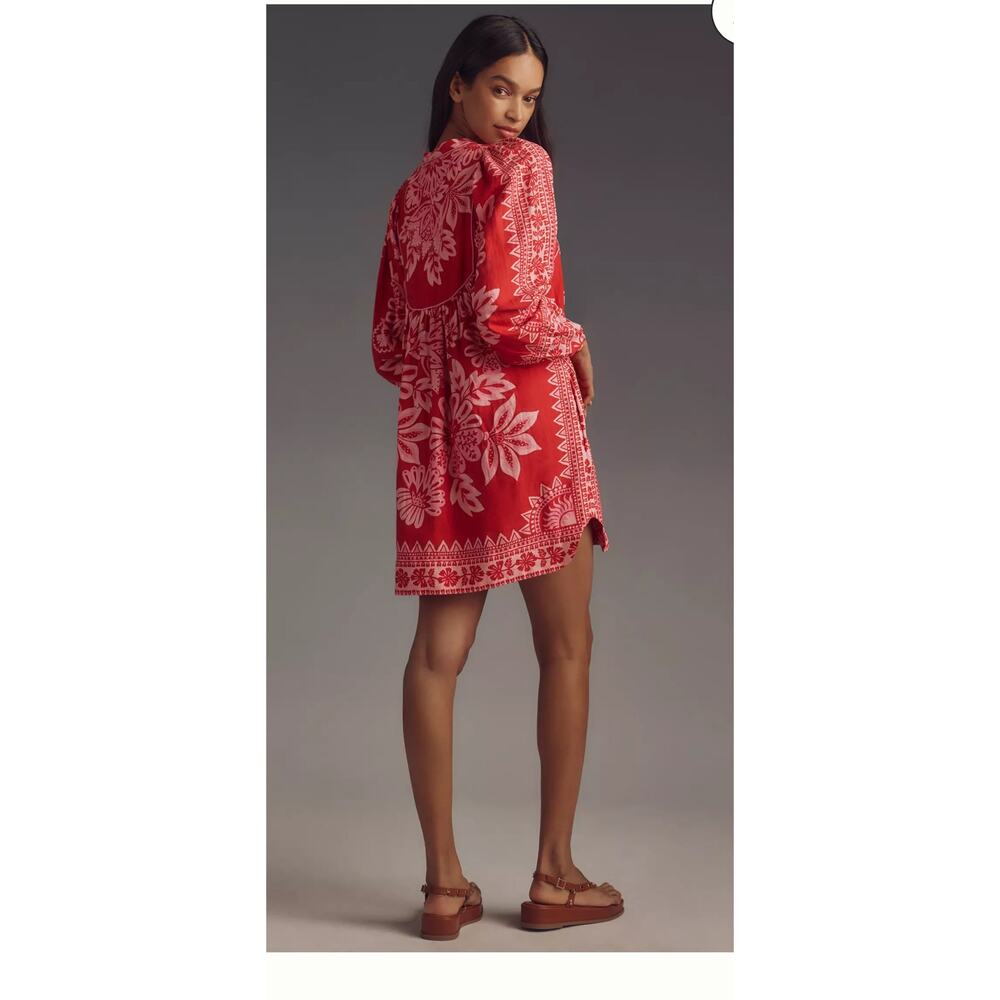 Farm Rio Women Flora Tapestry Red Long Sleeve Mini Dress Small Boho Embroidered - Picture 2 of 8
